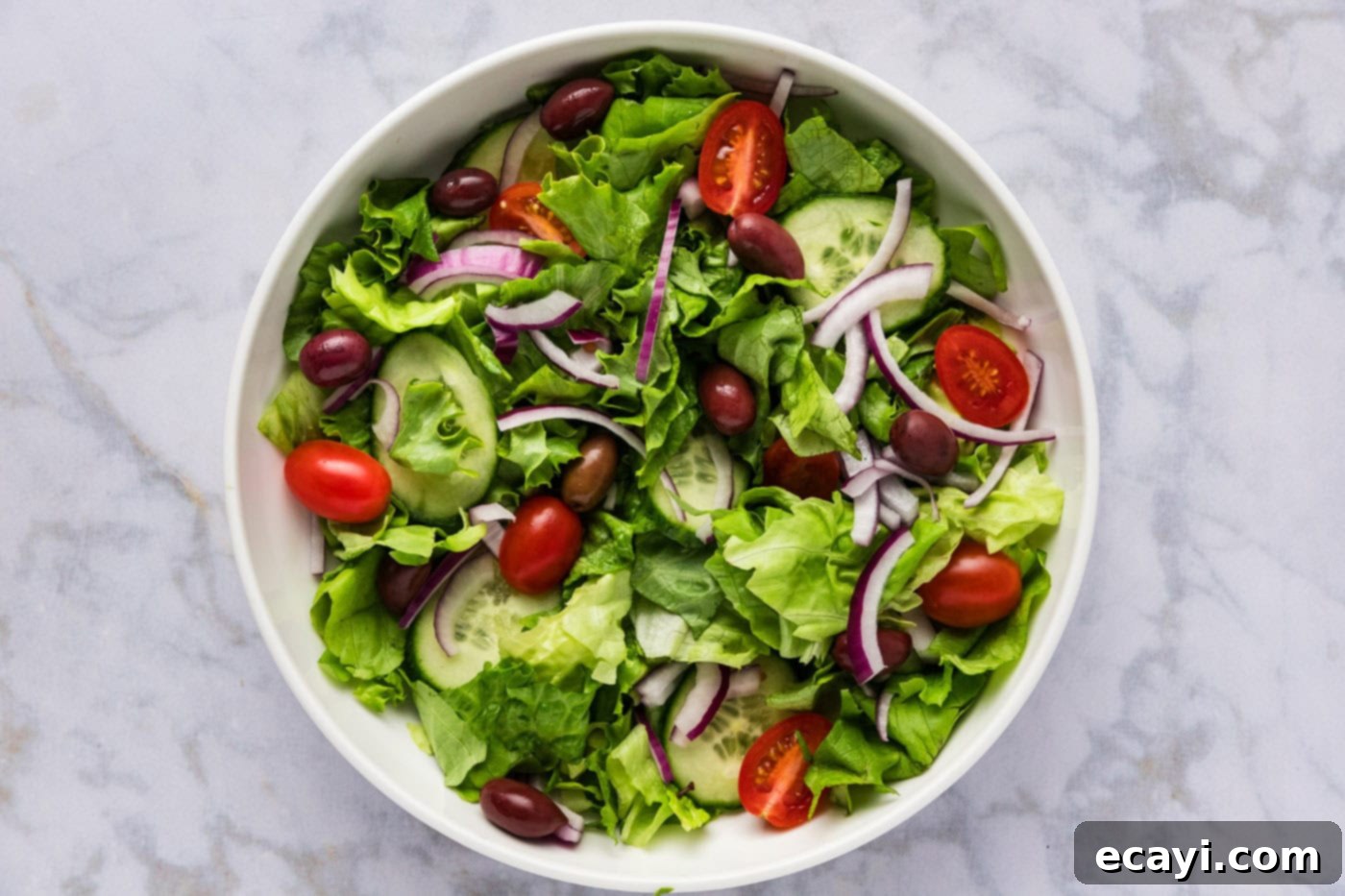 Fresh Salmon Medley 5 lettuce in a bowl with tomatoes, olives, cucumbers, and red onion
