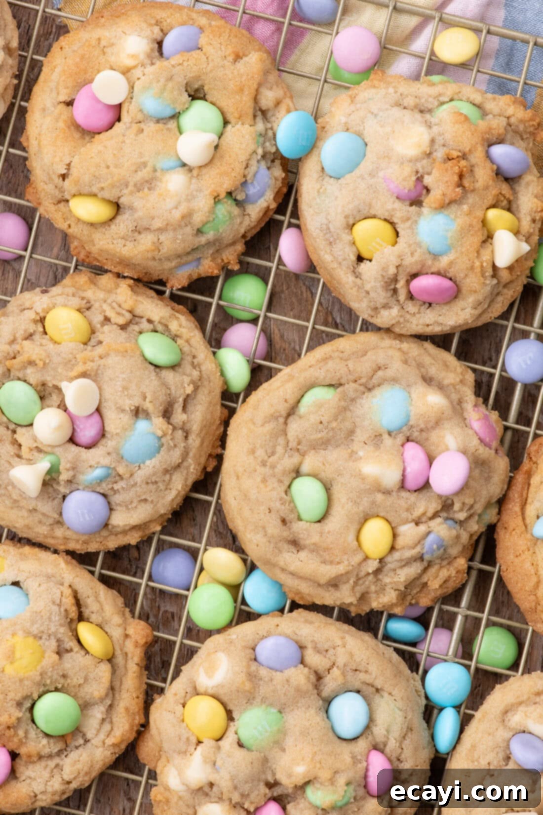 Colorful Easter M&M Cookies 2 Easter M&M Cookies resting on a wire rack