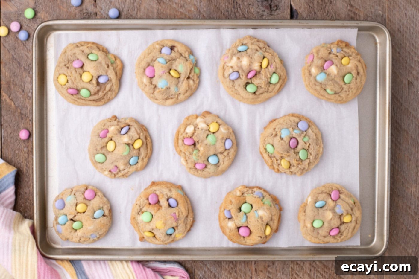 Colorful Easter M&M Cookies 13 overhead of Easter M&M cookies on a baking sheet