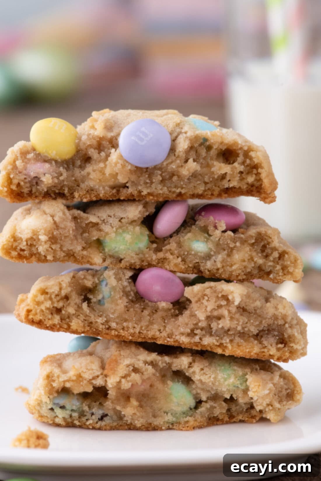 Colorful Easter M&M Cookies 3 Stack of Easter M&M Cookies broken in half