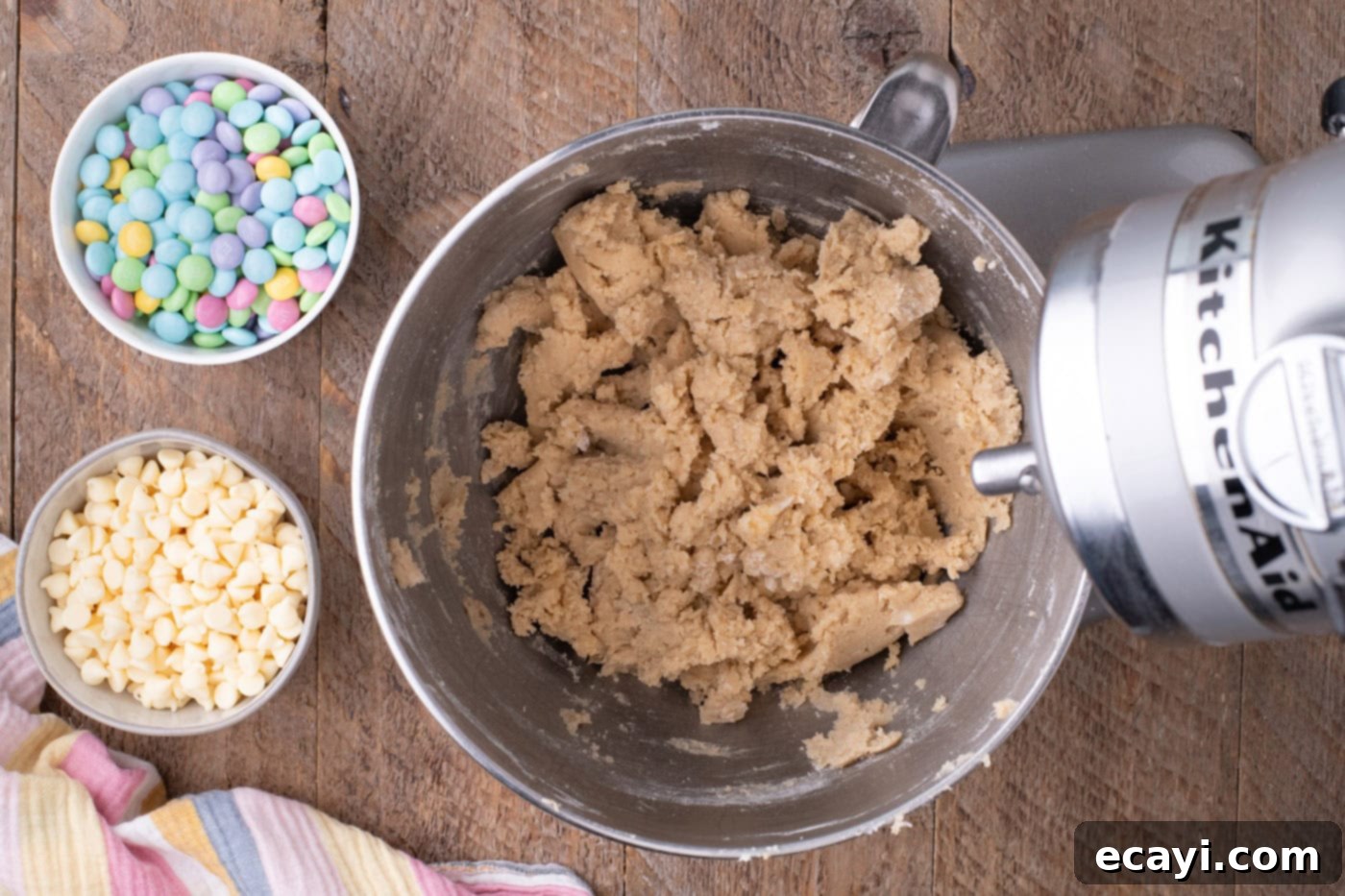 Colorful Easter M&M Cookies 10 cookie dough in a stand mixer bowl