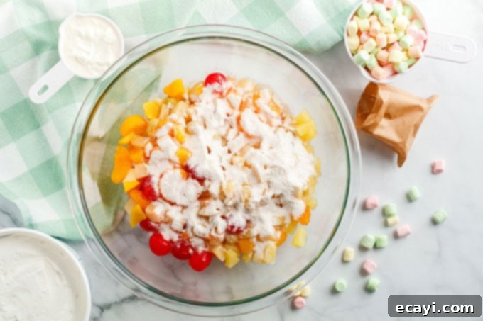 Heavenly Ambrosia Fruit Delight 5 Bowl of mixed fruit salad with cheesecake pudding mix sprinkled over it, ready to be stirred.