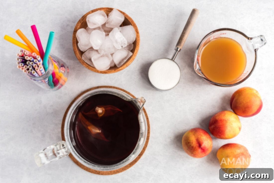 Sun-Kissed Peach Brew 4 Various ingredients for Olive Garden-style peach tea: tea bags, sugar, and peach nectar.
