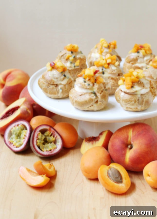Çarkıfelek, Kayısı ve Şeftalili Ekler 2 Delicious Passion Fruit, Apricot, and Peach Cream Puffs, perfect for summer entertaining