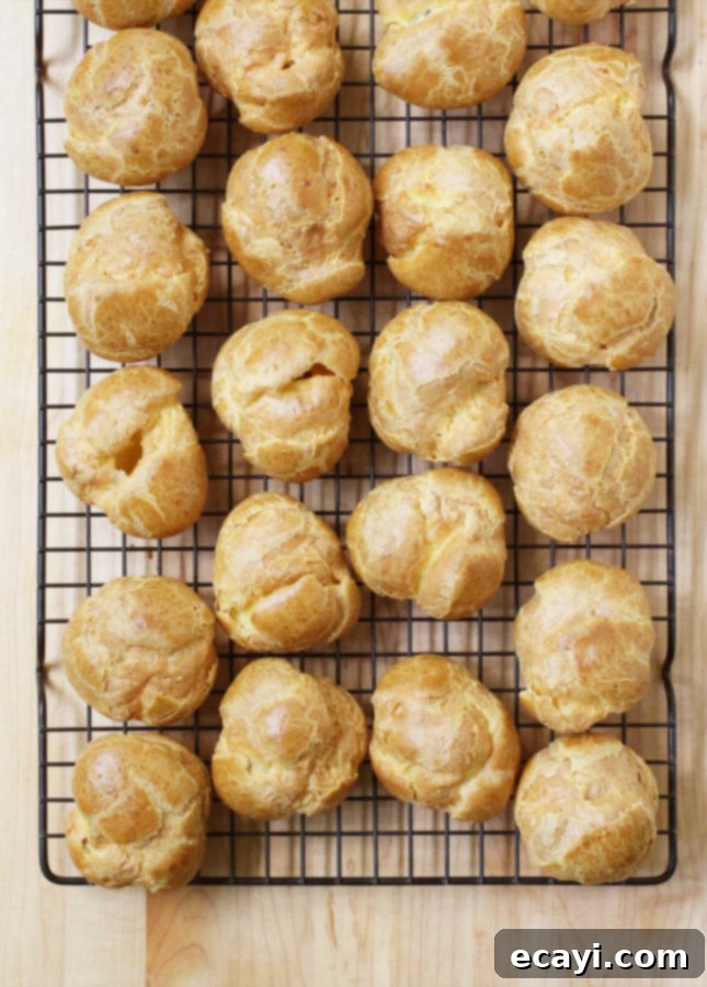 Çarkıfelek, Kayısı ve Şeftalili Ekler 3 Close-up of freshly baked choux pastry shells for cream puffs, ready for filling