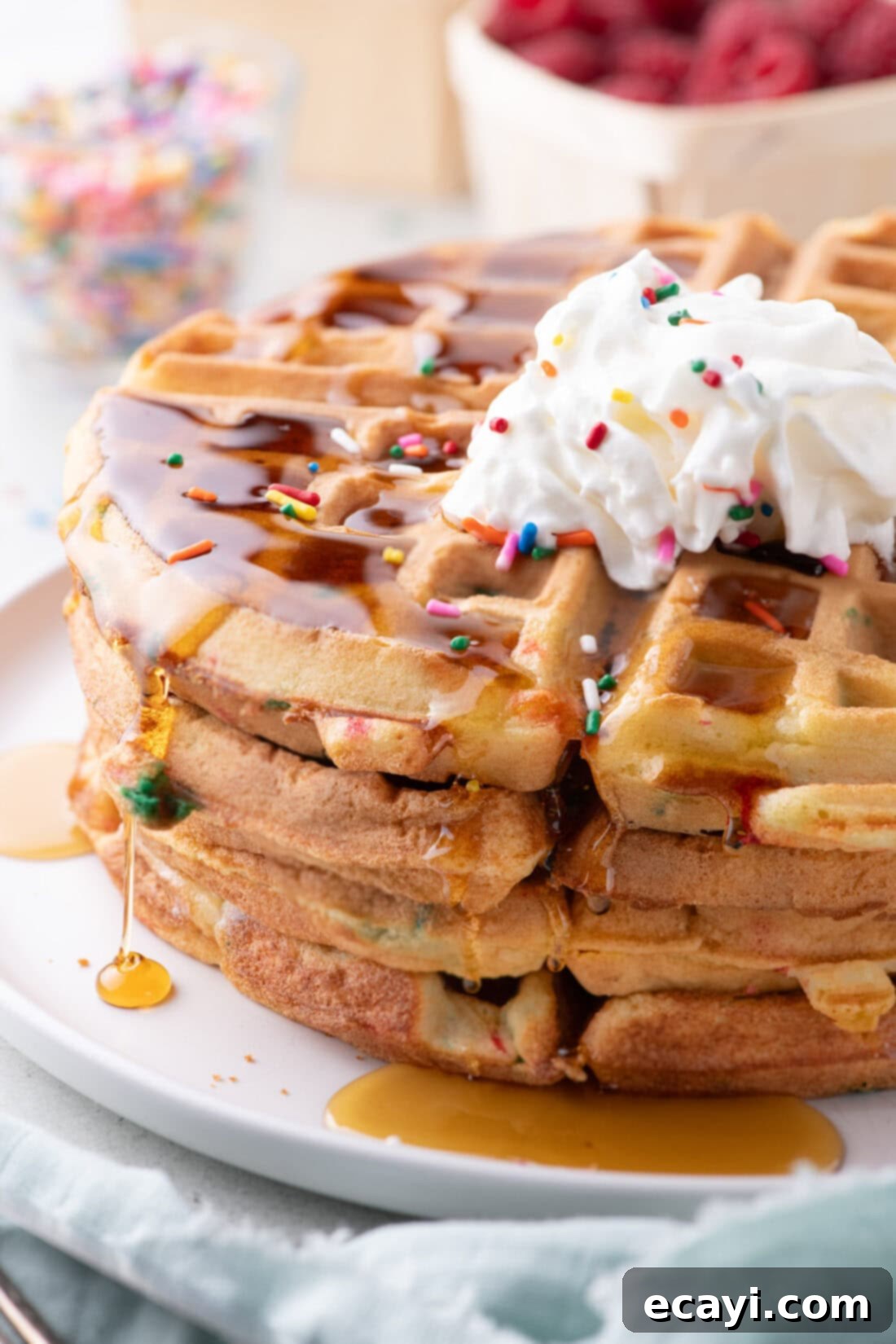 Cake Mix Waffle Wonders 2 Close up photo of a stack of golden and fluffy Cake Mix Waffles, ready to be served for breakfast or brunch.
