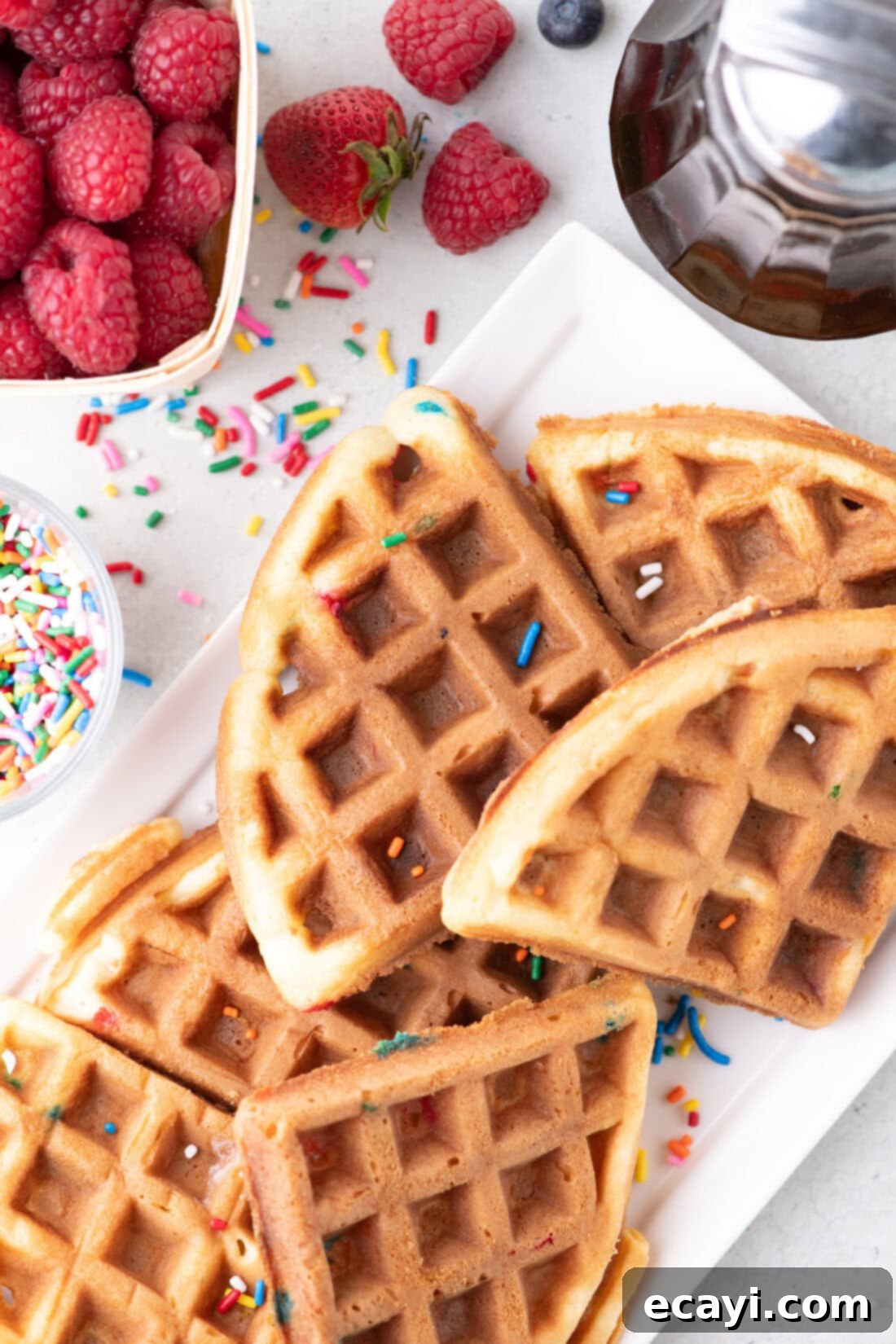 Cake Mix Waffle Wonders 3 Cake Mix Waffles cut into triangles on a platter, garnished with sprinkles and ready for a party.
