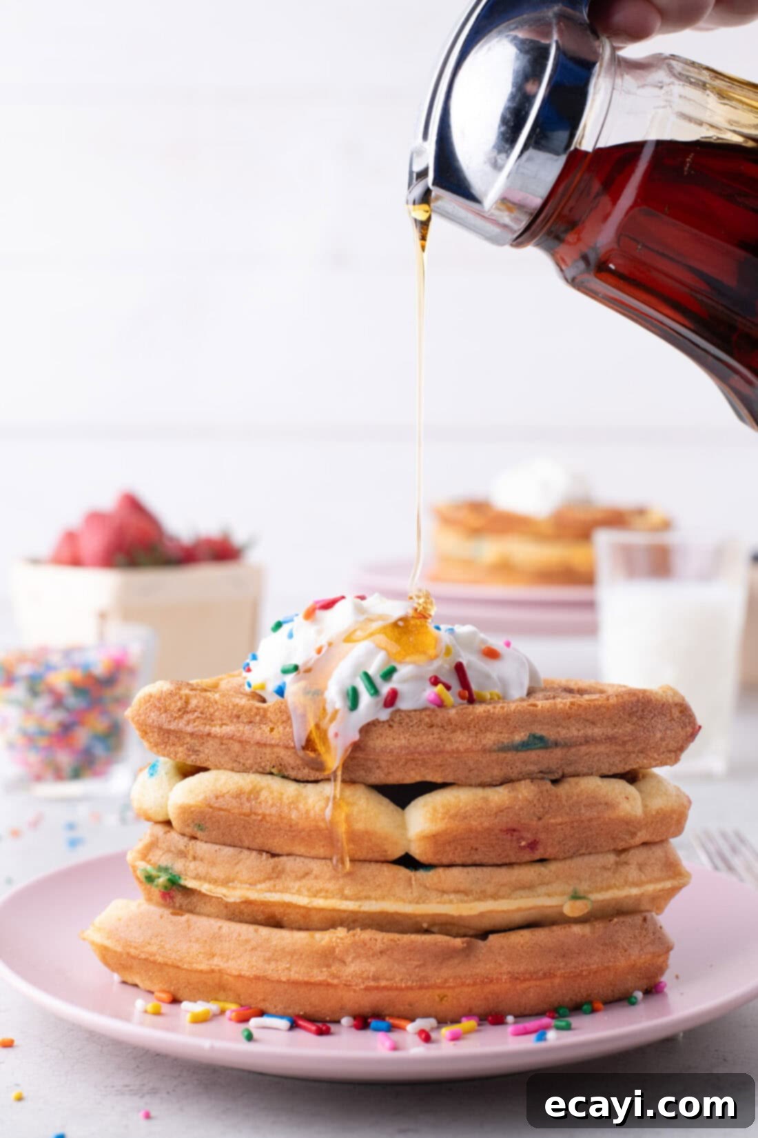 Cake Mix Waffle Wonders 8 Maple syrup being generously poured onto a stack of warm Cake Mix Waffles, garnished with fresh berries.