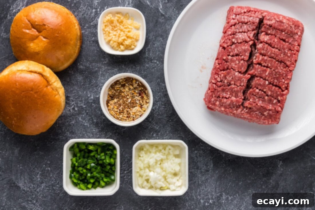 Taco Burger Fusion 4 Various ingredients for Taco Burger laid out on a cutting board, including ground beef, vegetables, and seasonings.