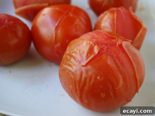 Tomatoes, after 10-15 seconds in boiling water: ready to undress! // FoodNouveau.com Blanched tomatoes in a pot of boiling water, showing their skins starting to peel back from the scored 'X' mark. This is a key step for fresh tomato sauce preparation.