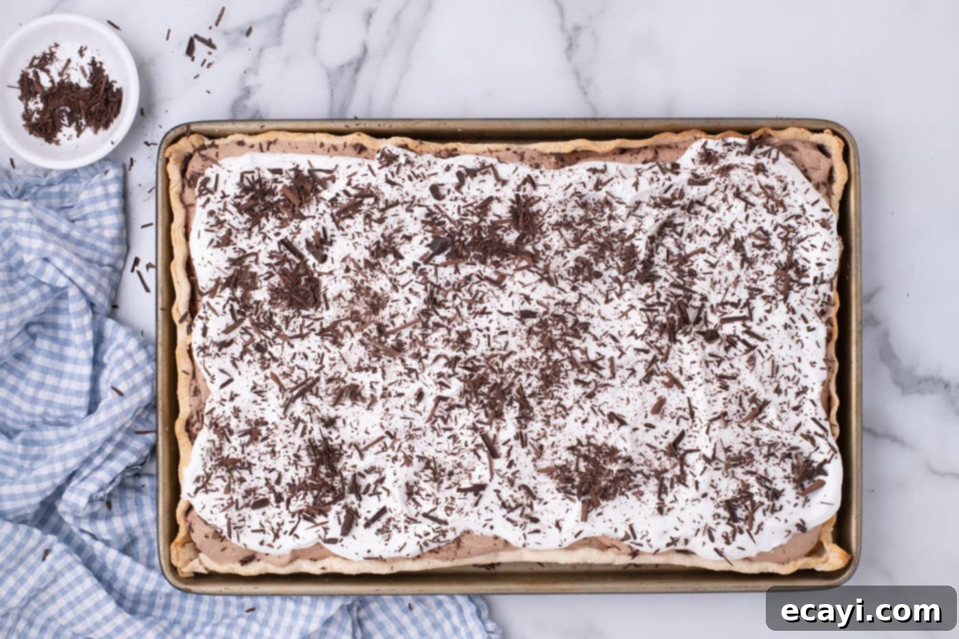 Ultimate French Silk Sheet Pie 16 overhead shot of a beautifully decorated French silk slab pie with chocolate shavings