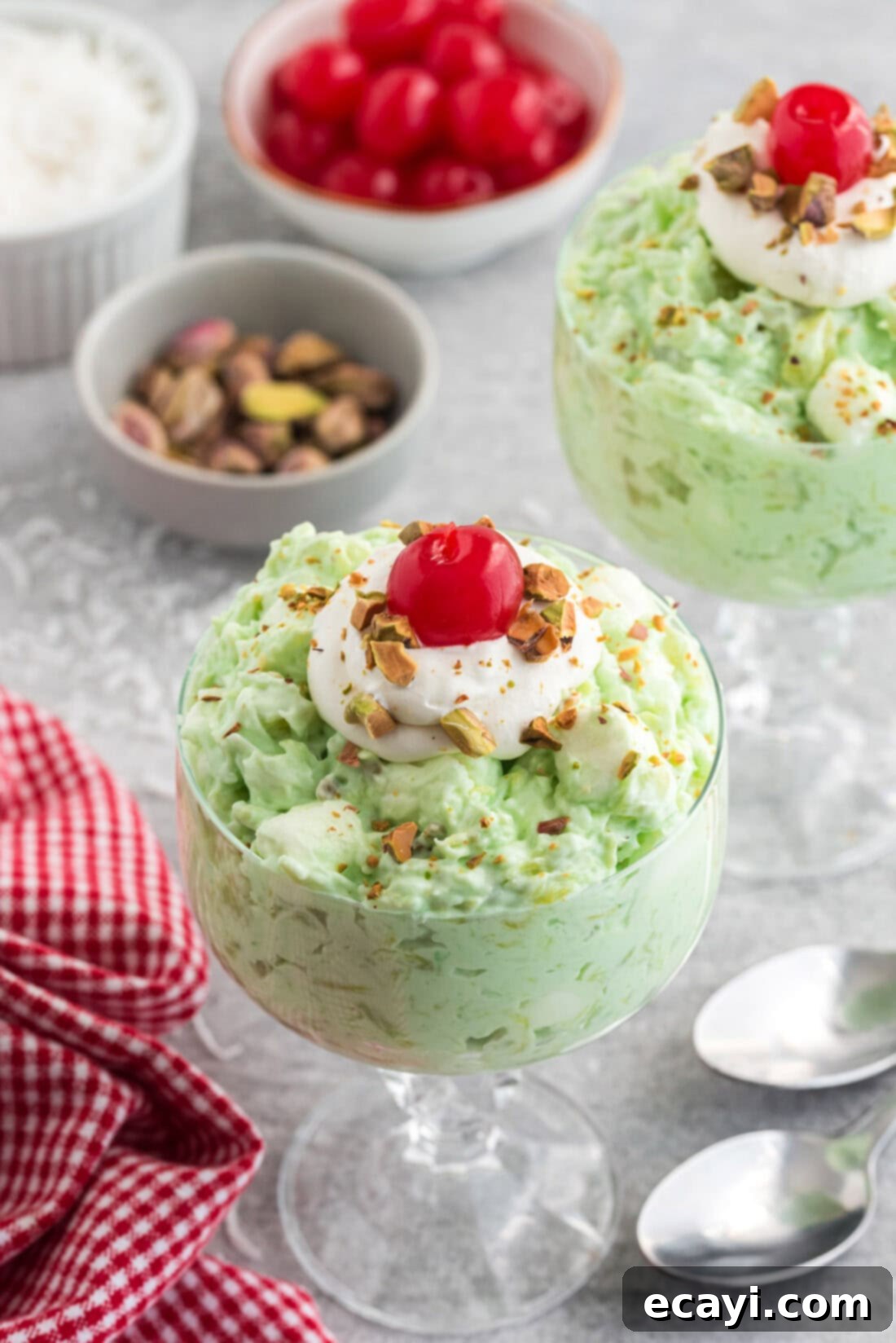Pistachio Pineapple Delight 2 Sundae bowl filled with Watergate Salad