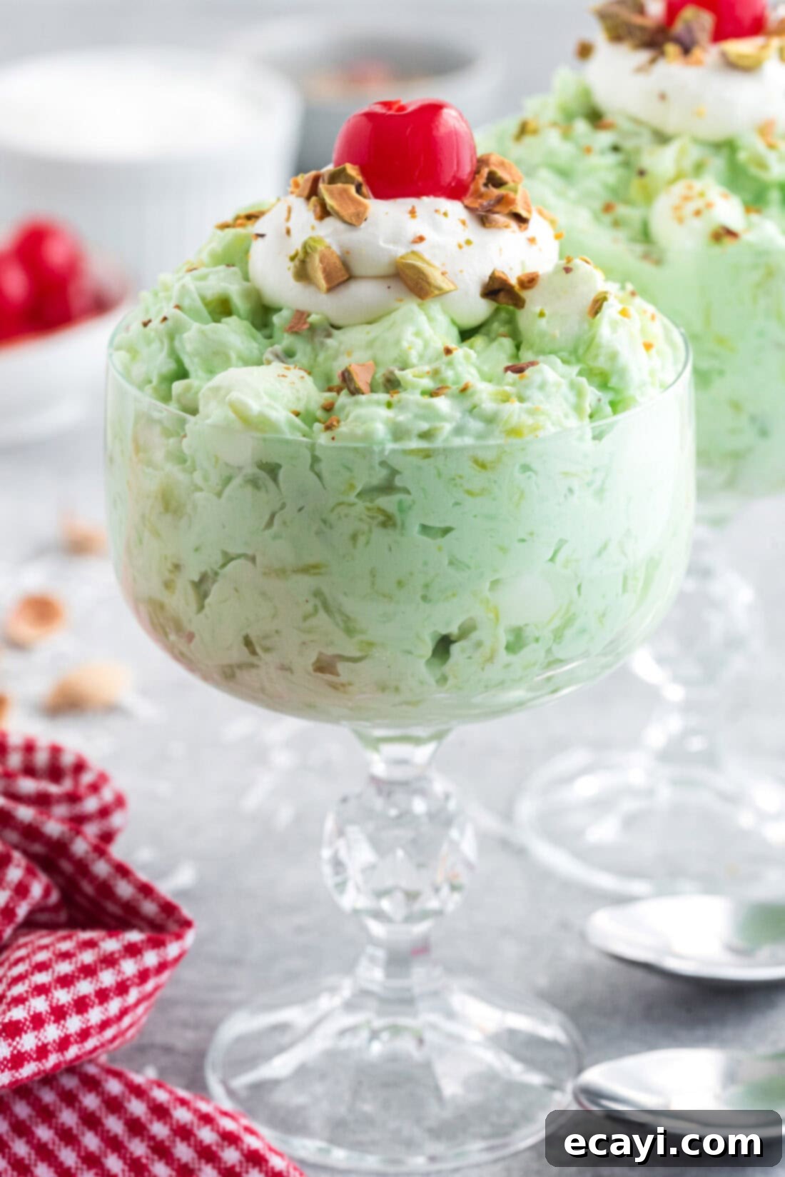 Pistachio Pineapple Delight 9 Close up photo of Watergate Salad in a sundae bowl
