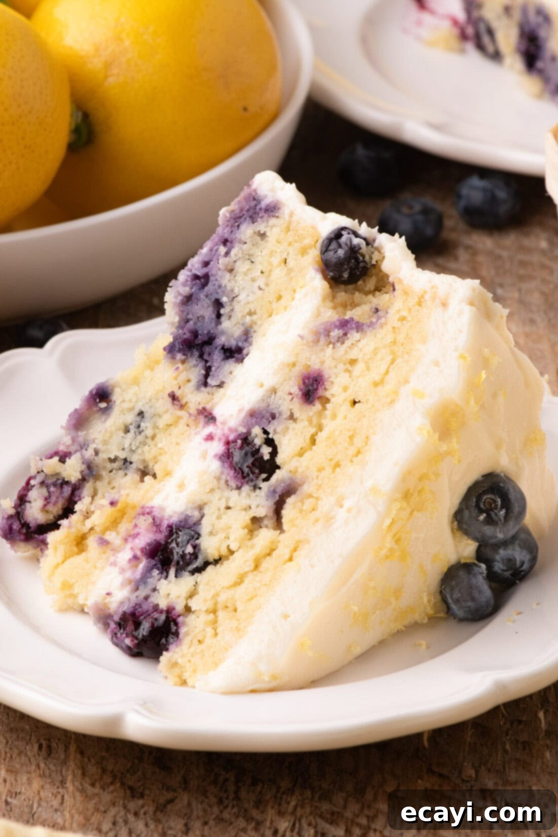 Zesty Lemon Blueberry Bliss 15 A perfect slice of Lemon Blueberry Cake on a white plate, ready to be enjoyed