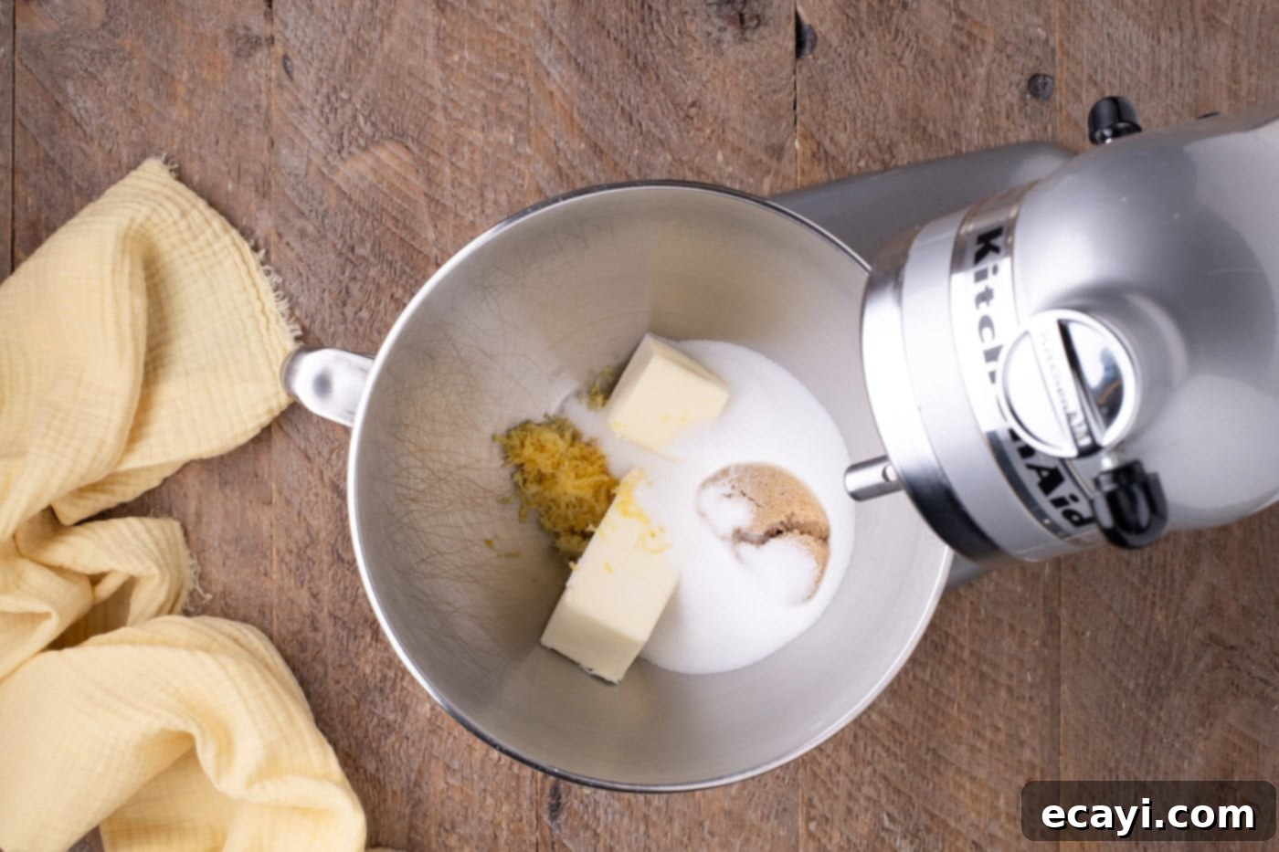Zesty Lemon Blueberry Bliss 5 Softened butter, granulated sugar, brown sugar, and lemon zest in a stand mixer bowl