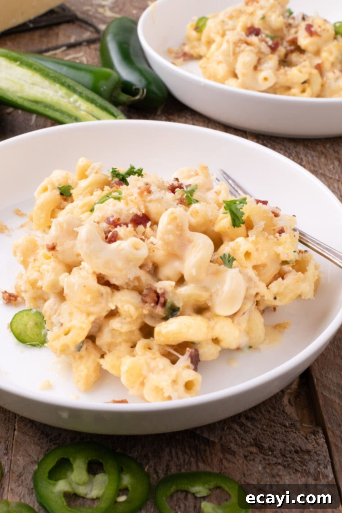 Spicy Cheesy Popper Mac 2 Close up photo of a plate of Jalapeno Popper Mac and Cheese