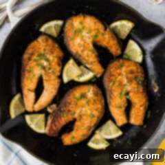 The Art of Perfect Salmon Steaks 8 Close up photo of Salmon Steaks in a skillet, showing the golden brown sear.