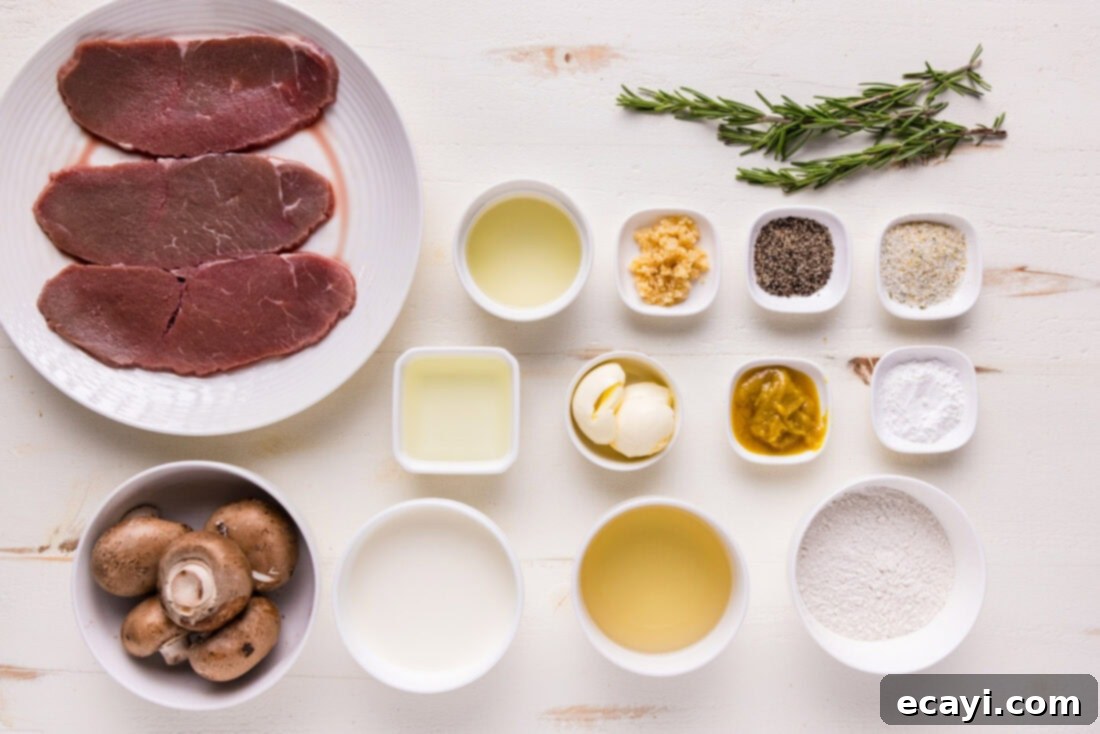 Delicate Veal Cutlets 4 Various ingredients laid out for Veal Scallopini preparation, including veal, mushrooms, wine, and spices