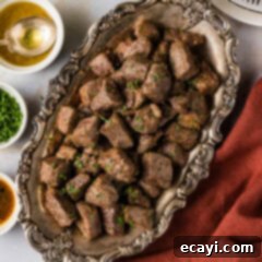 Ultimate Air Fryer Steak Bites 8 Close up photo of a platter of Air Fryer Steak Bites