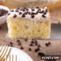 Creamy Ricotta Cannoli Poke Cake 11 Close up photo of a slice of Cannoli Poke Cake on a spatula, showing the creamy filling and chocolate chips