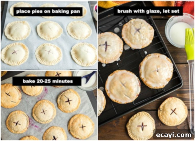 Blueberry Pocket Pastries 4 mini pies on baking sheet