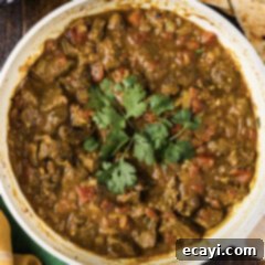Tender Beef Curry 11 Close up photo of a skillet of Beef Curry, showing tender meat and rich sauce