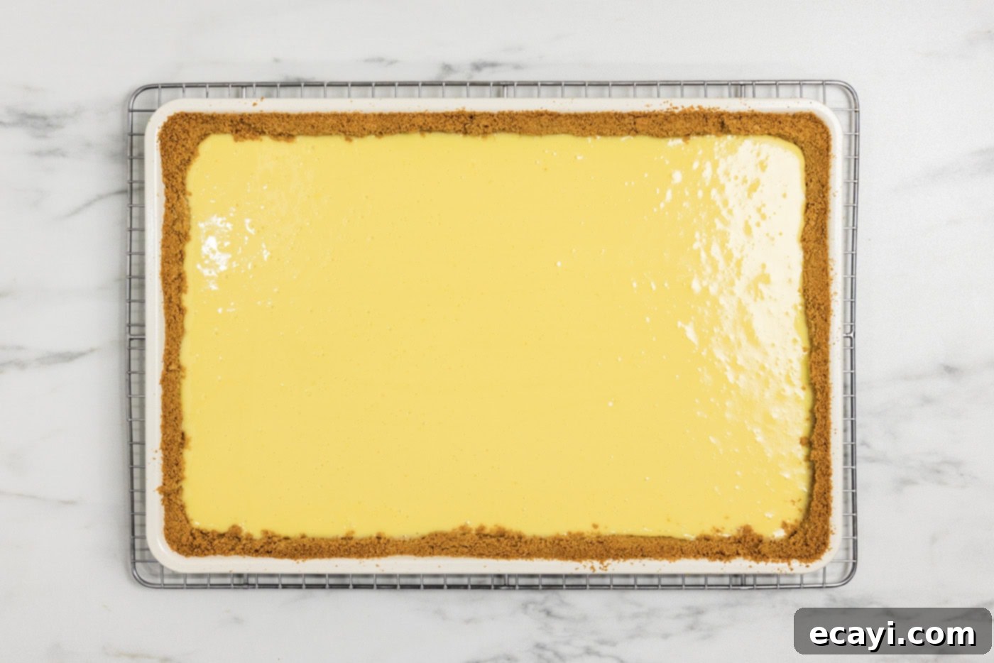 Tangy Key Lime Dessert Bars 9 overhead of baked key lime slab pie in a pan