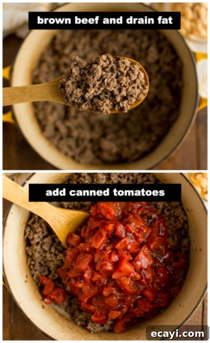 This 3 Bean Chili is made with a homemade chili seasoning, fresh ground beef, fire roasted tomatoes, and three types of canned beans. Great for football!  Close-up view of ground beef browning in a skillet, turning golden brown as it cooks.