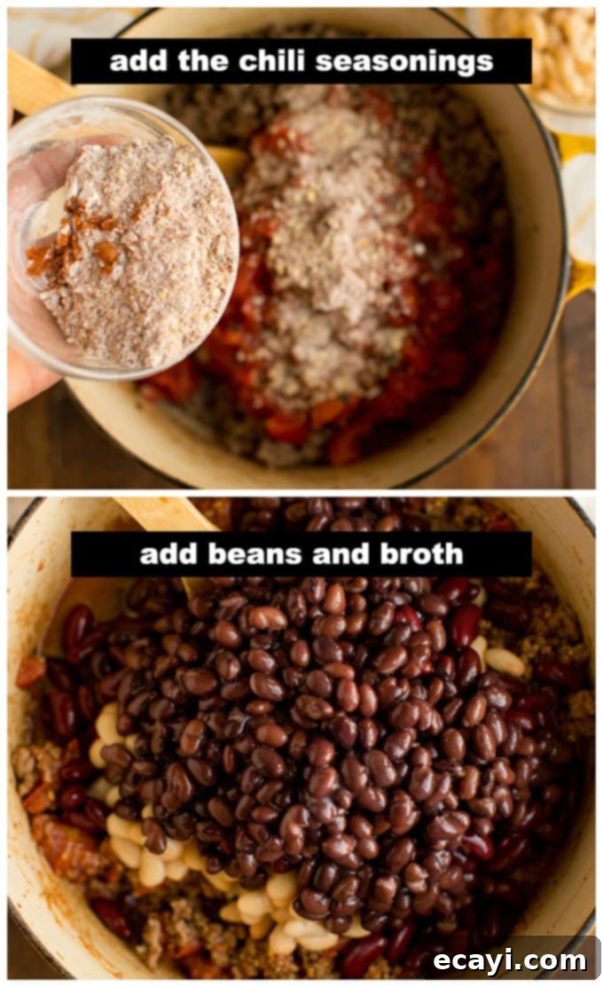 This 3 Bean Chili is made with a homemade chili seasoning, fresh ground beef, fire roasted tomatoes, and three types of canned beans. Great for football!  Ingredients for 3 Bean Chili, including beans, seasoning, and tomatoes, being stirred into a large pot with browned ground beef.