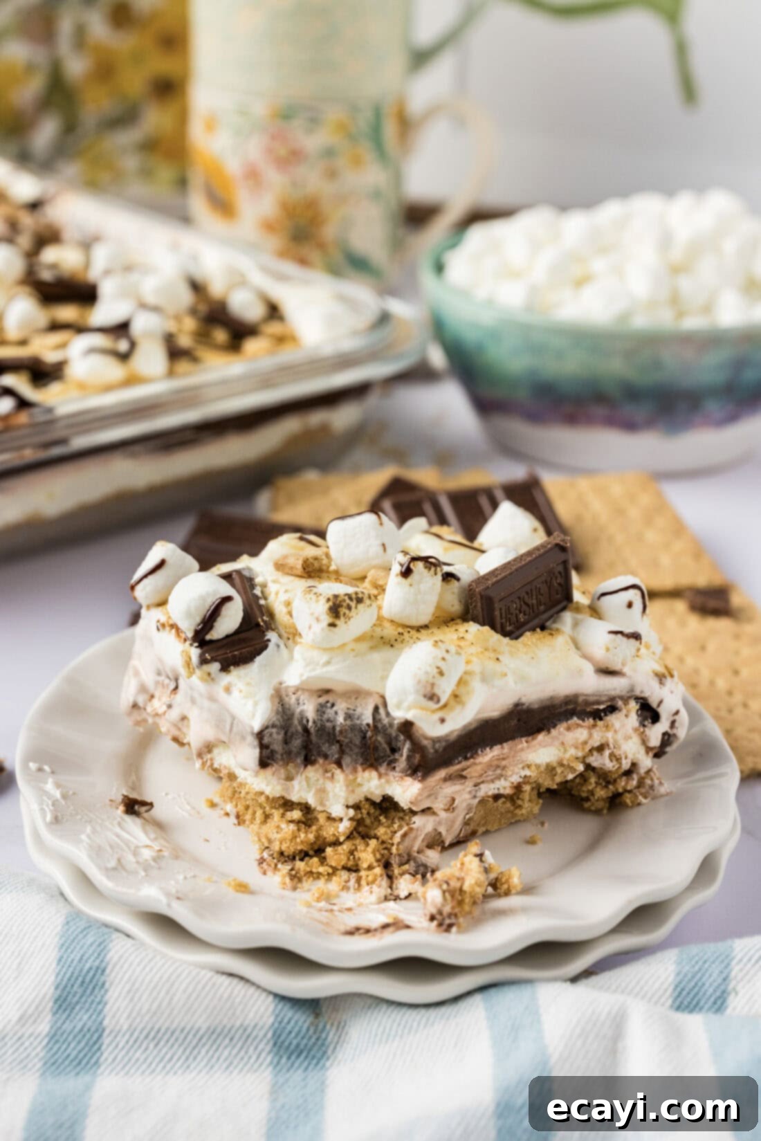 S'mores Lasagna 12 Slice of S'mores Lasagna on a plate