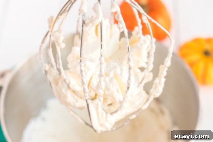 Spiced Pumpkin Magic Cake 7 Whipped cream forming stiff peaks in a mixing bowl with a whisk attachment, part of the cake topping.