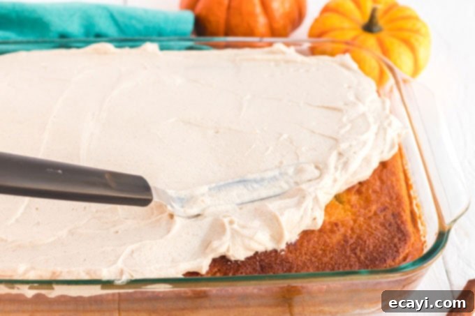 Spiced Pumpkin Magic Cake 10 Spreading the creamy, spiced whipped topping evenly over the completely cooled pumpkin magic cake.