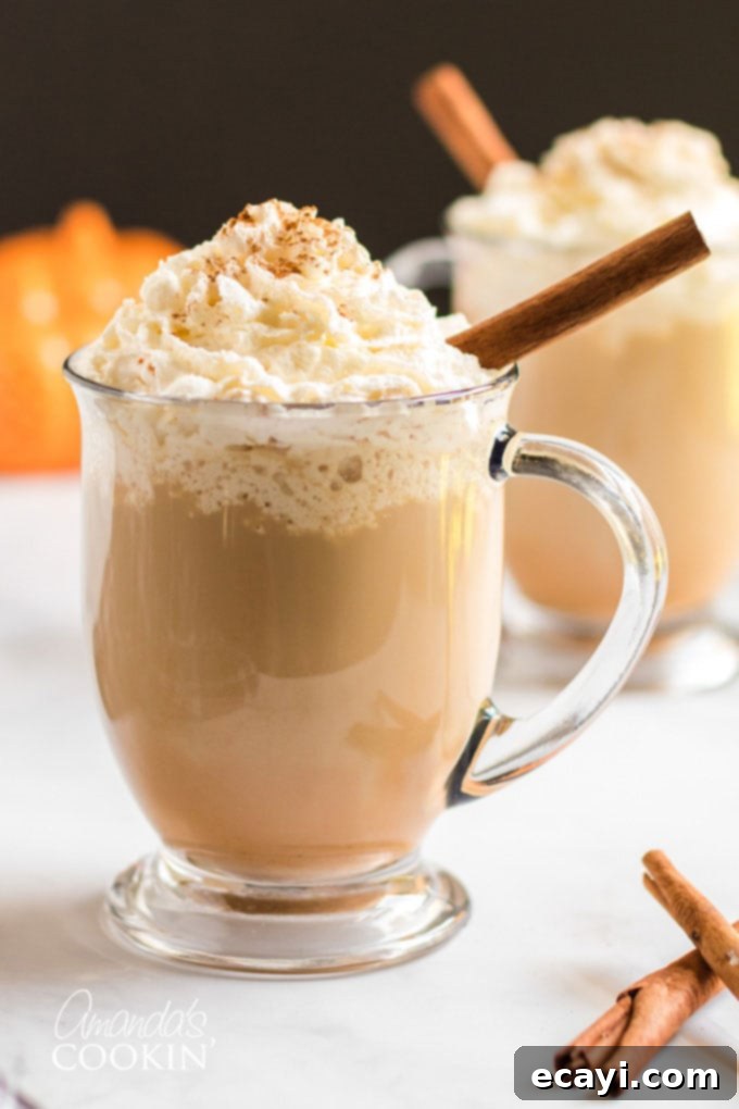 Autumn Spice Dream 2 Homemade pumpkin spice latte in a clear mug, garnished with whipped cream and cinnamon