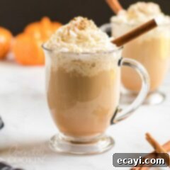 Autumn Spice Dream 9 Pumpkin spice latte in a clear mug, garnished with whipped cream and spices for the recipe card