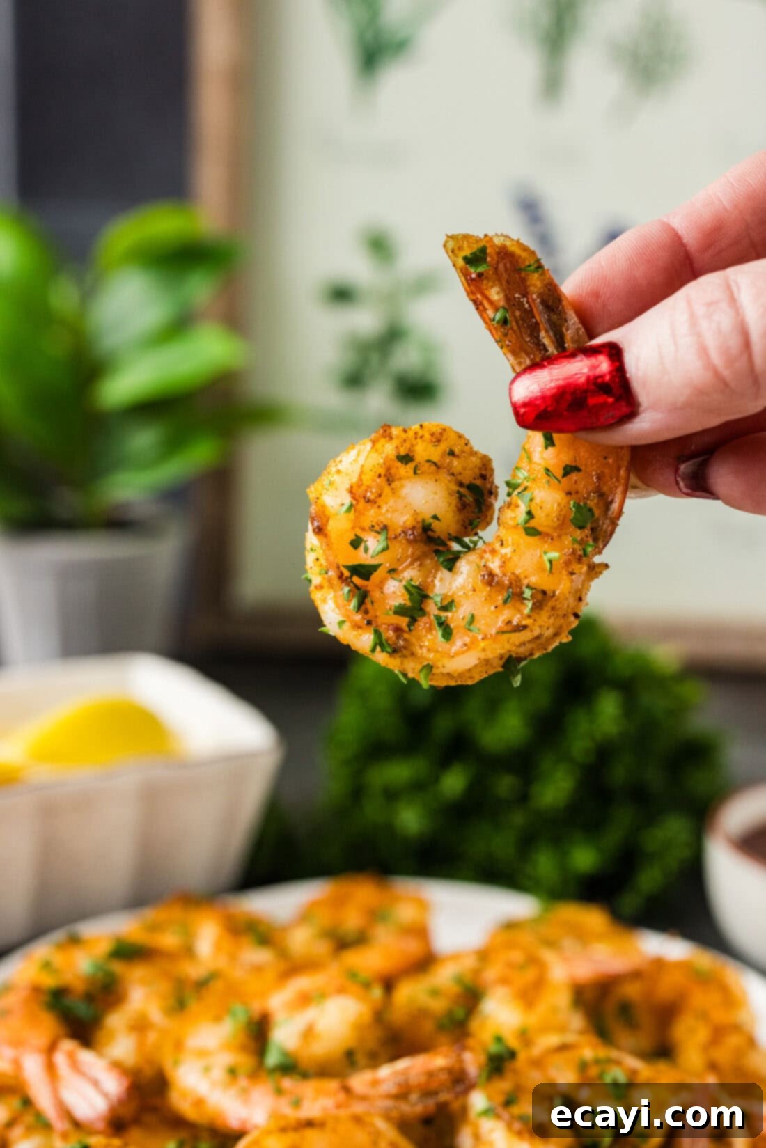 Zesty Lemon Broiled Shrimp 3 Hand holding up a Broiled Shrimp
