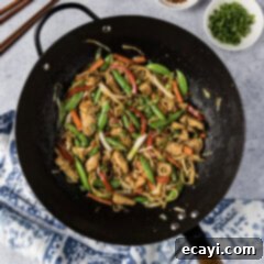 Classic Chicken Lo Mein 12 Chicken Lo Mein in a wok, freshly tossed and ready to serve