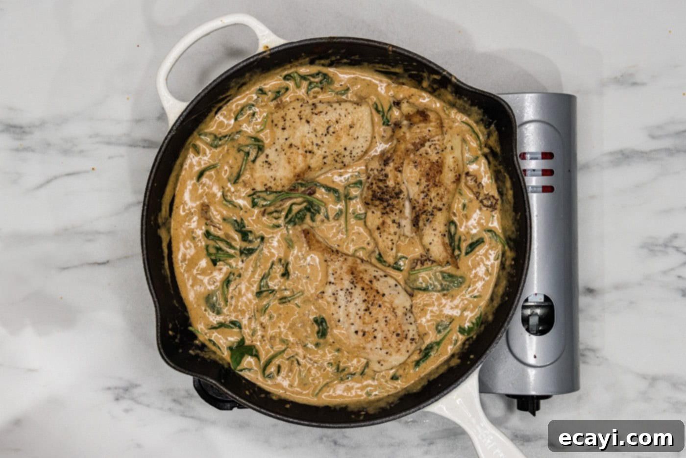 Sun-Kissed Tuscan Chicken 11 Seared chicken breasts nestled in the rich, creamy Tuscan sauce with spinach and sun-dried tomatoes in a skillet.