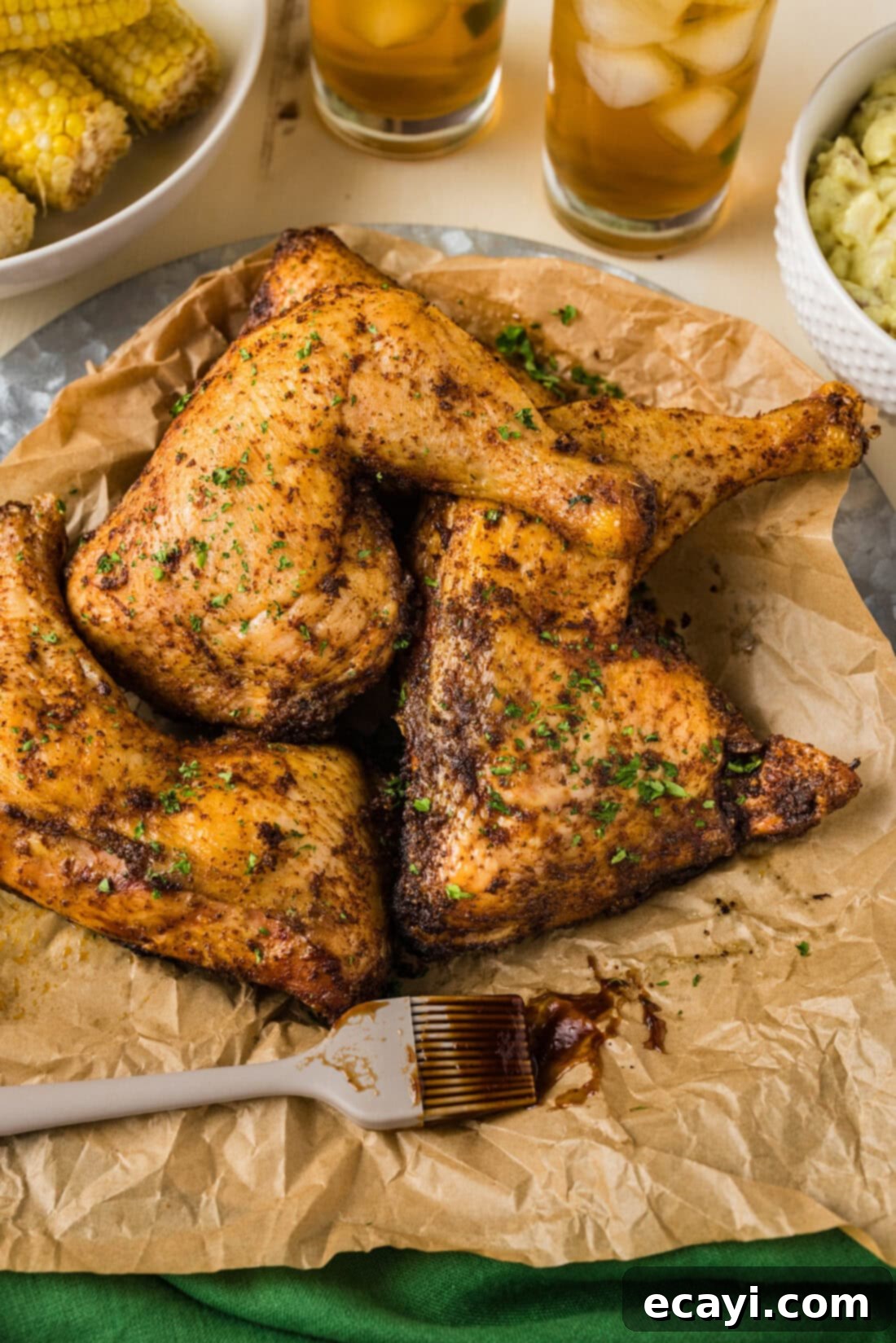 Juicy Smoked Chicken Quarters 2 Smoked Chicken Quarters on a parchment lined platter