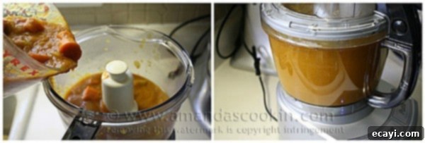 Cozy Slow Cooker Pumpkin Soup 5 The combined ingredients for pumpkin soup simmering gently in a slow cooker, showing the process of slow cooking before blending.