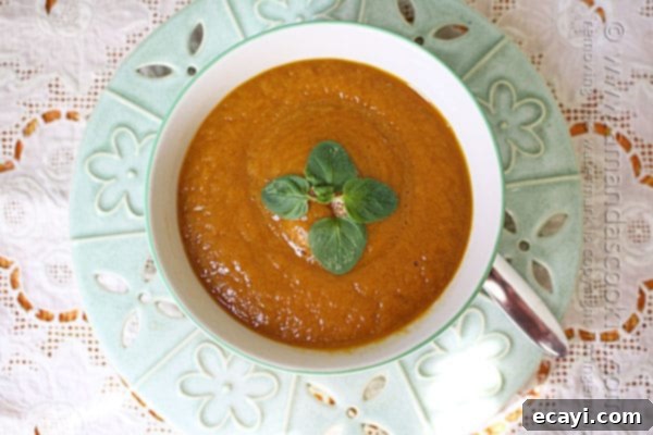 Cozy Slow Cooker Pumpkin Soup 6 An overhead photo of a perfectly presented bowl of creamy pumpkin soup, garnished with a delicate swirl of cream and fresh parsley sprigs.