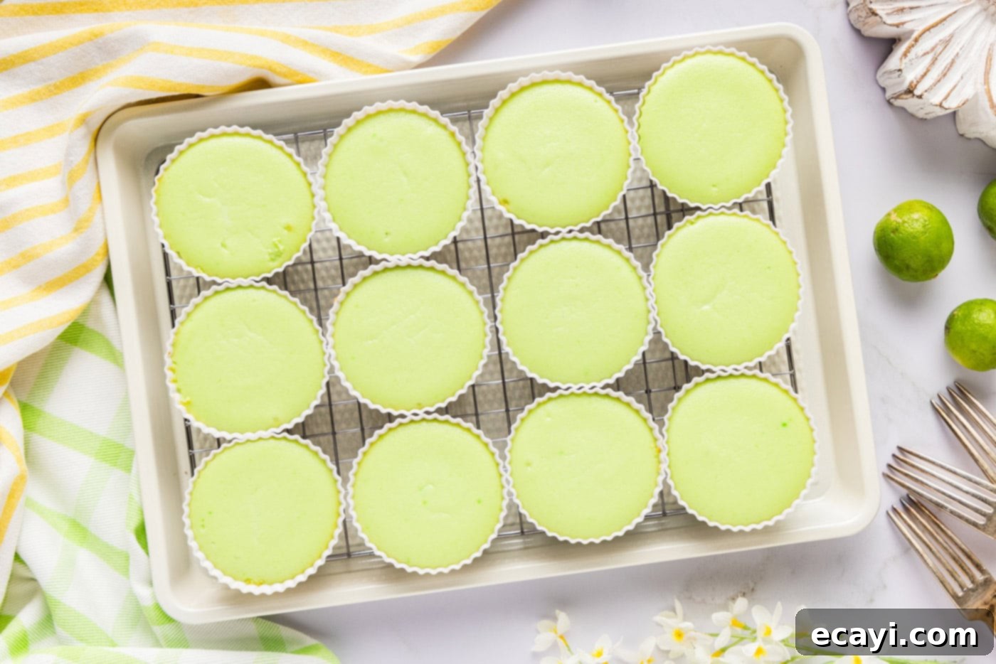 Tangy Keto Lime Cheesecake Minis 8 overhead photo of baked keto lime cheesecakes