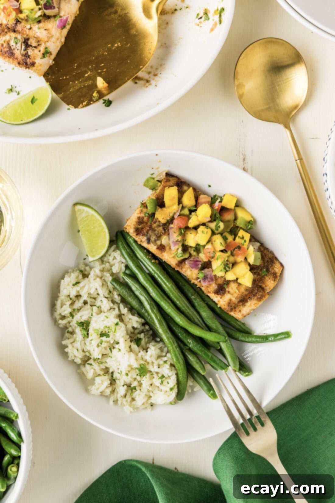 Succulent Grilled Mahi Mahi 3 Grilled Mahi Mahi plated with cilantro rice and green beans