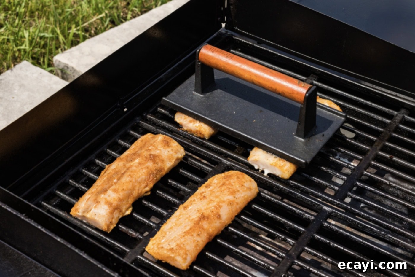 Succulent Grilled Mahi Mahi 8 hamburger press over mahi mahi filets on a grill