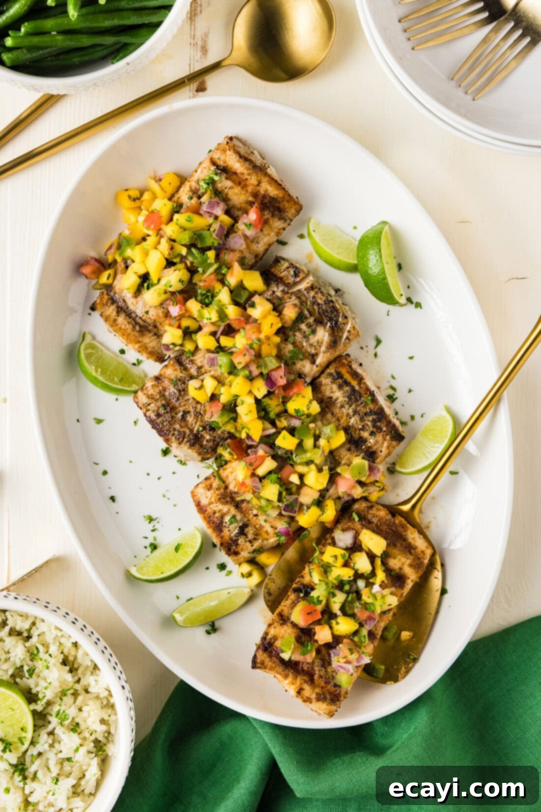 Succulent Grilled Mahi Mahi 10 Grilled Mahi Mahi on a white platter with a spatula