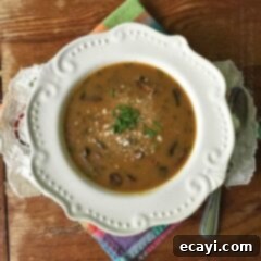 Hearty Woodland & Farmhouse Wild Rice Soup 10 An overhead photo of a bowl of sausage mushroom and wild rice soup.