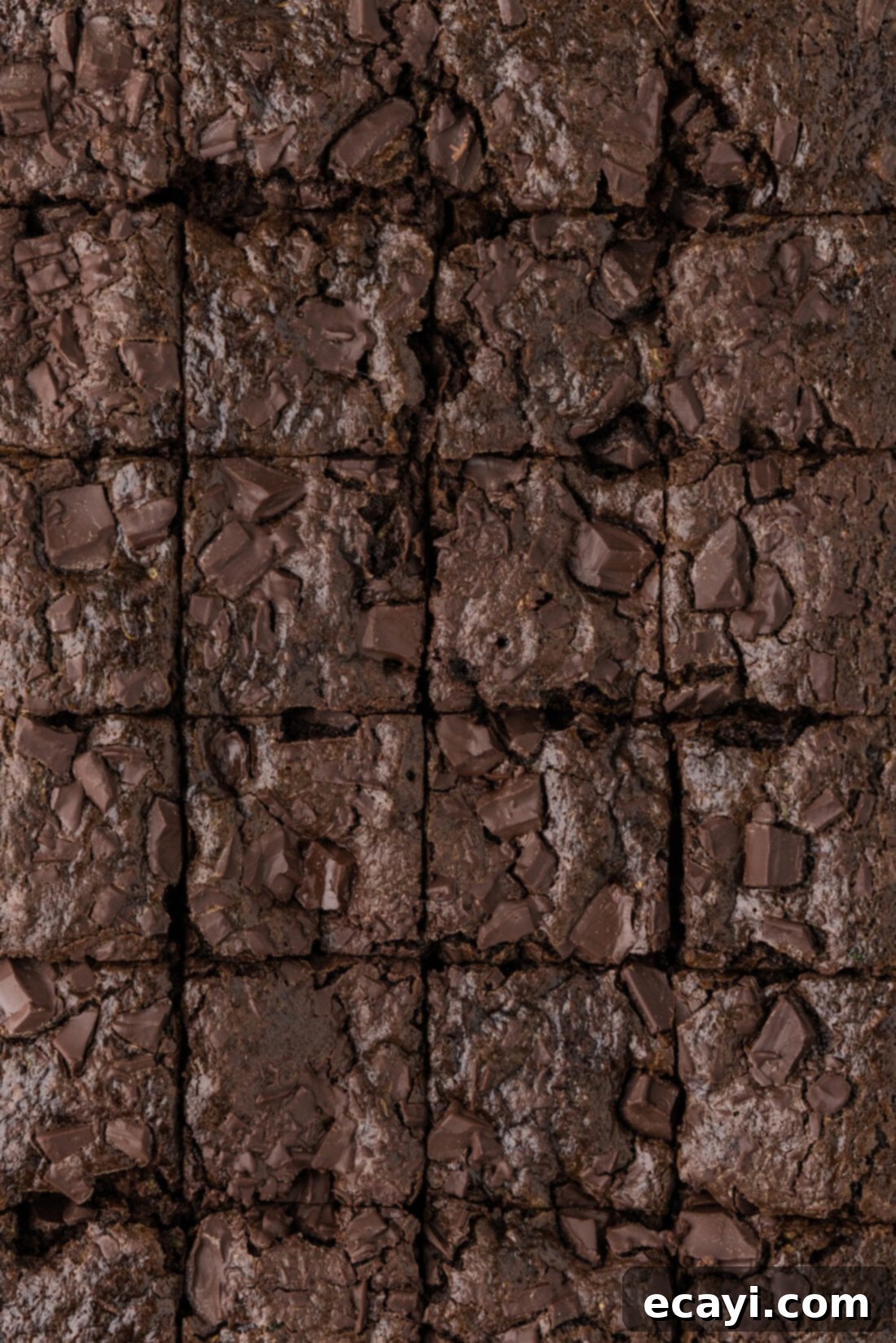 Hidden Veggie Fudge 13 Close up photo of Zucchini Brownies cut into squares, showing off the chocolate chunks