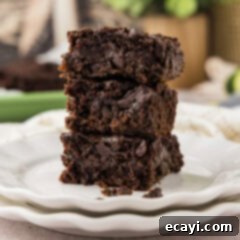 Hidden Veggie Fudge 14 Close up photo of a stack of Zucchini Brownies, illustrating their rich texture