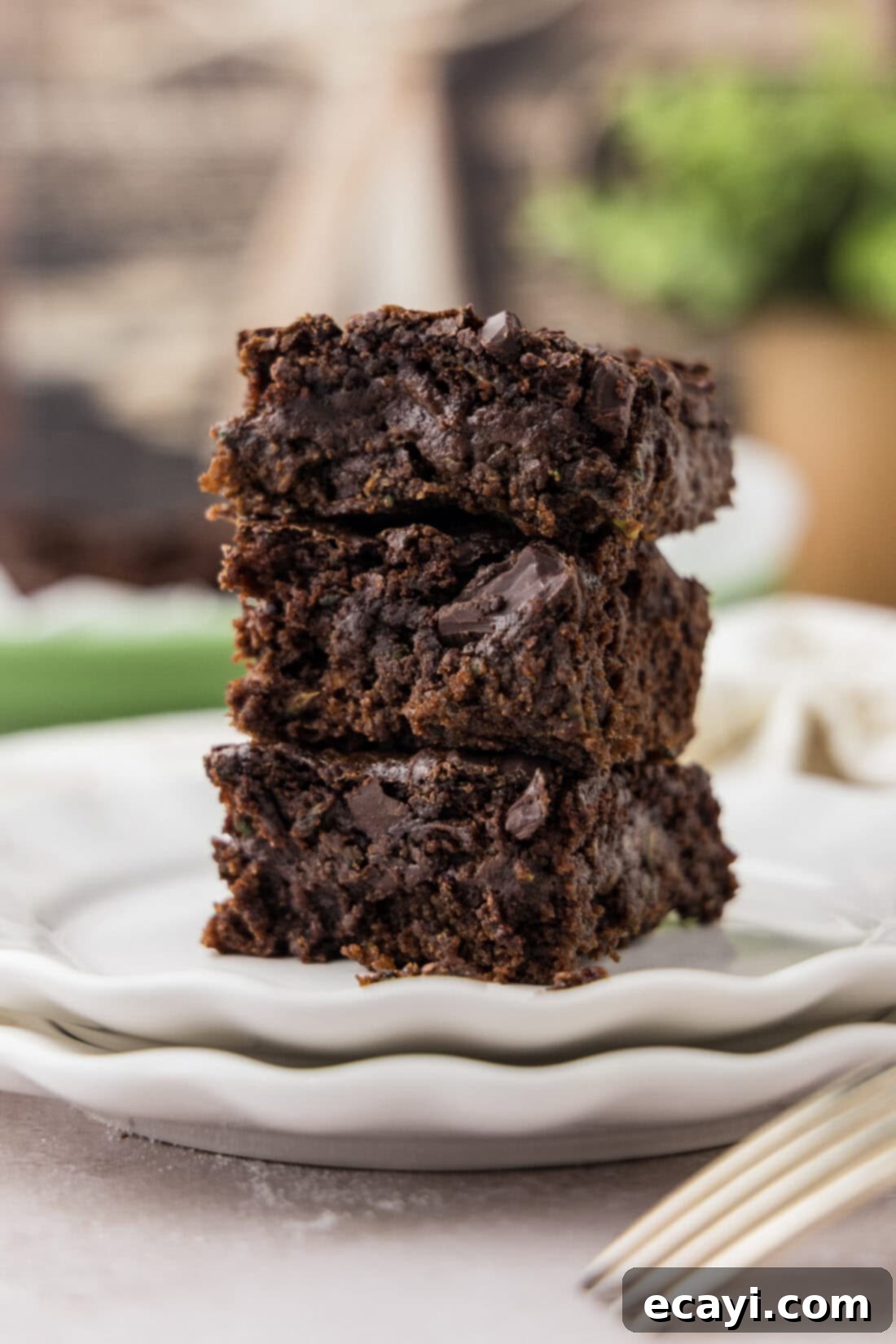 Hidden Veggie Fudge 3 Stack of Zucchini Brownies with a rich, moist interior