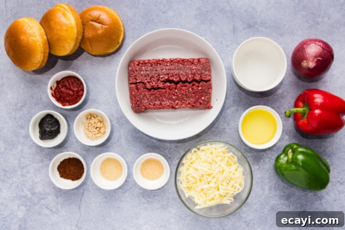 Philly Cheesesteak Messy Melts 4 Individual ingredients laid out for Philly Cheesesteak Sloppy Joes