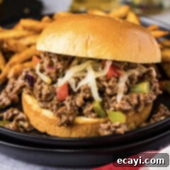 Philly Cheesesteak Messy Melts 10 Close up photo of a Philly Cheesesteak Sloppy Joe